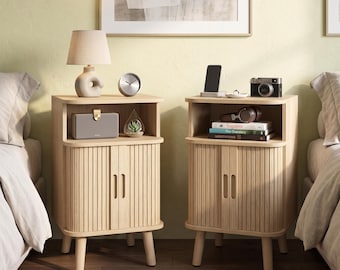 Mid-Century Modern Walnut Bedside Table with Charging Station, Fluted Doors Storage Cabinet
