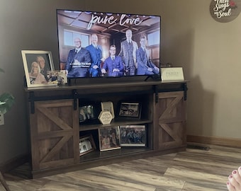 Farmhouse Sliding Barn Door TV Stand for Living Room, Media Storage Console