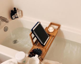 Expandable Bamboo Bath Tray Caddy, Bathtub Organizer with Tablet, Wine Holder