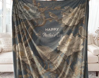 Happy Mother's Day Velveteen Plush Blanket, Vintage Floral Peacock Sherpa Throw, Elegant Mom Gift Blanket, Cozy Luxury Minky Blanket