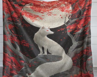 Mystical Fox Full Moon Sherpa Fleece Blanket, Red Autumn Leaves Animal Lover Gift, Fantasy Art Plush Blanket, Cozy Sofa Decor, Woodland Fox