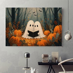 May include: A rectangular wall art print featuring two white ghosts sitting together in a forest, reading an open black book. The scene includes orange pumpkins, fallen autumn leaves, and silhouettes of flying bats against a dark forest background.