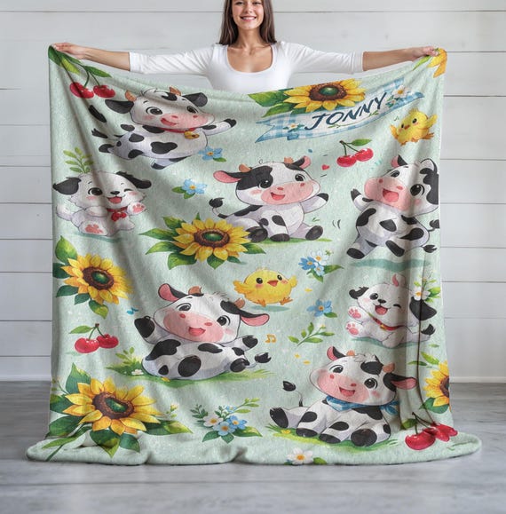 Personalisierte Kuh Samt Plüsch Decke für Baby, niedliche Bauernhof Tier Kinderzimmer Dekor, benutzerdefinierte Name Decke Geschenk für Kind, Sonnenblume Bettwäsche werfen