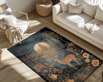 Enchanted Forest Deer Rug, Fairytale Castle Moon Area Rug, Whimsical Woodland Animal Floor Mat, Magical Nature Lover Carpet, Cottagecore Rug