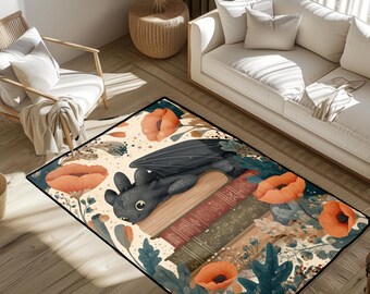 Tappeto con simpatico drago sui libri, tappeto per hobby per amanti dei libri, tappeto per lettori fantasy, tappeto con stravagante motivo floreale a papaveri per la cameretta dei bambini, tappeto decorativo per la casa