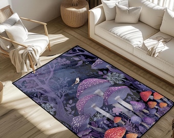 Magical Mushroom Rug, Cottagecore Decor Rug, Enchanted Forest Carpet, Mycology Lover Gift Rug, Whimsical Fungi Area Rug, Witchy Home Decor