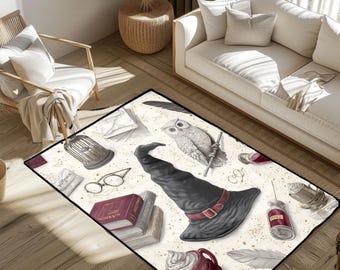 Magic School Fan Gift Rug, Wizard And Witch Hobby Area Rug, Fantasy Book Lover Floor Mat, Halloween Movie Inspired Home Decor Carpet Rug