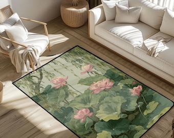 Sacred Lotus Flower Area Rug, Zen Meditation Yoga Floor Mat, Buddhist Spiritual Home Decor Rug, Tranquil Lotus Garden Rug, Home Accent