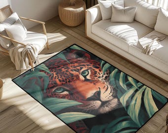 Jungle Leopard Decor Rug, Big Cat Tropical Leaves Area Rug, Safari Wildlife Lover Floor Mat, Exotic Animal Art Rug, Nature Enthusiast Gift