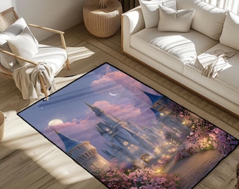 Fairytale Castle Rug For Princess Room Decor, Magical Kingdom Area Rug For Daughter Birthday, Enchanted Garden Floor Mat For Nursery Carpet