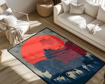 May include: Rectangular area rug featuring a warrior on horseback silhouetted against a large red moon. The design includes a forest scene and flying birds, with a black border. The rug is suitable for living rooms.
