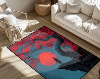 Japanese Samurai Warrior Under Red Tree Rug, Lonesome Ronin With Katana Floor Mat, Anime Lover Gamer Gift Area Rug, Martial Arts Hobbyist
