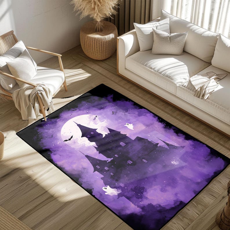 Haunted Castle Halloween Rug for Spooky Season Decor, Purple Full Moon ...