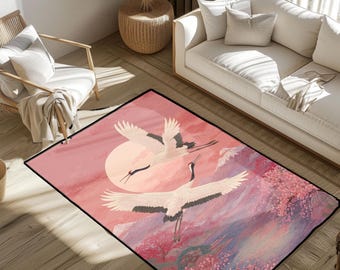 Japanese Crane Area Rug, Pink Cherry Blossom Floor Mat, Flying Bird Carpet, Serene Nature Inspired Living Room Decor