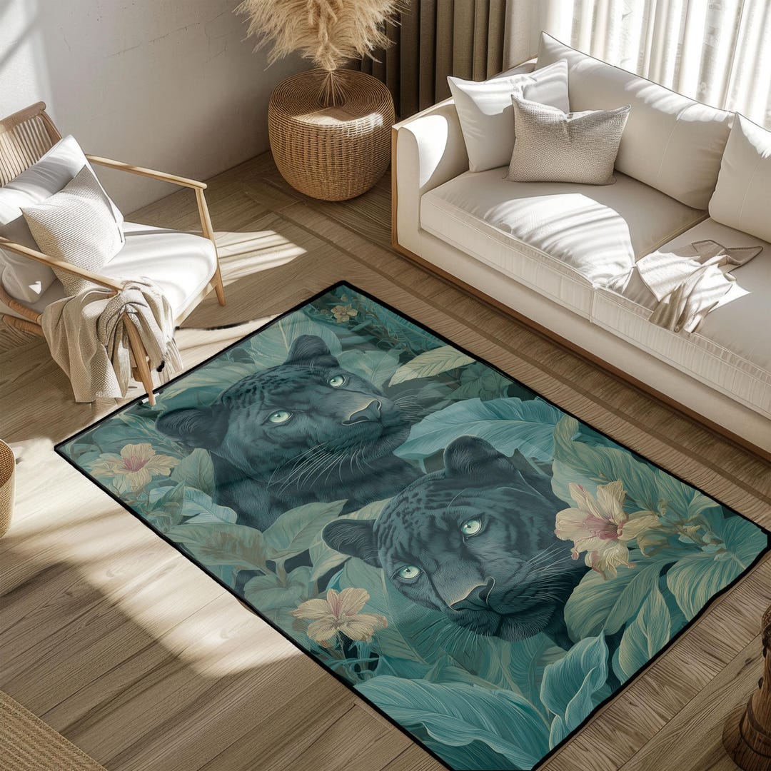 Black Panther Jungle Rug for Animal Lovers, Tropical Leaves Area Rug ...