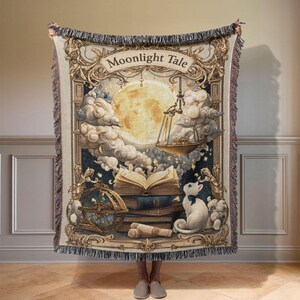 Manta Celestial para Amantes de Livros, Manta com Gato ao Luar para Biblioteca, Decoração Estilo Dark Academia para Cantinho de Leitura, Presente Encantador para Leitores