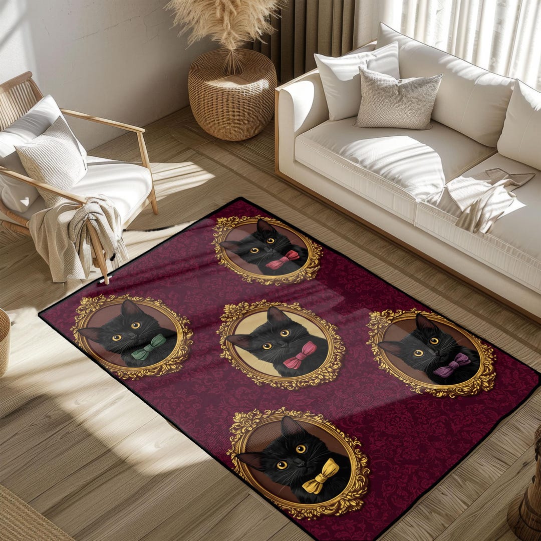Cat Gun Rug Regal Black Cat Portrait Rug, Victorian Style Pet Lover Area Rug, Fancy ...