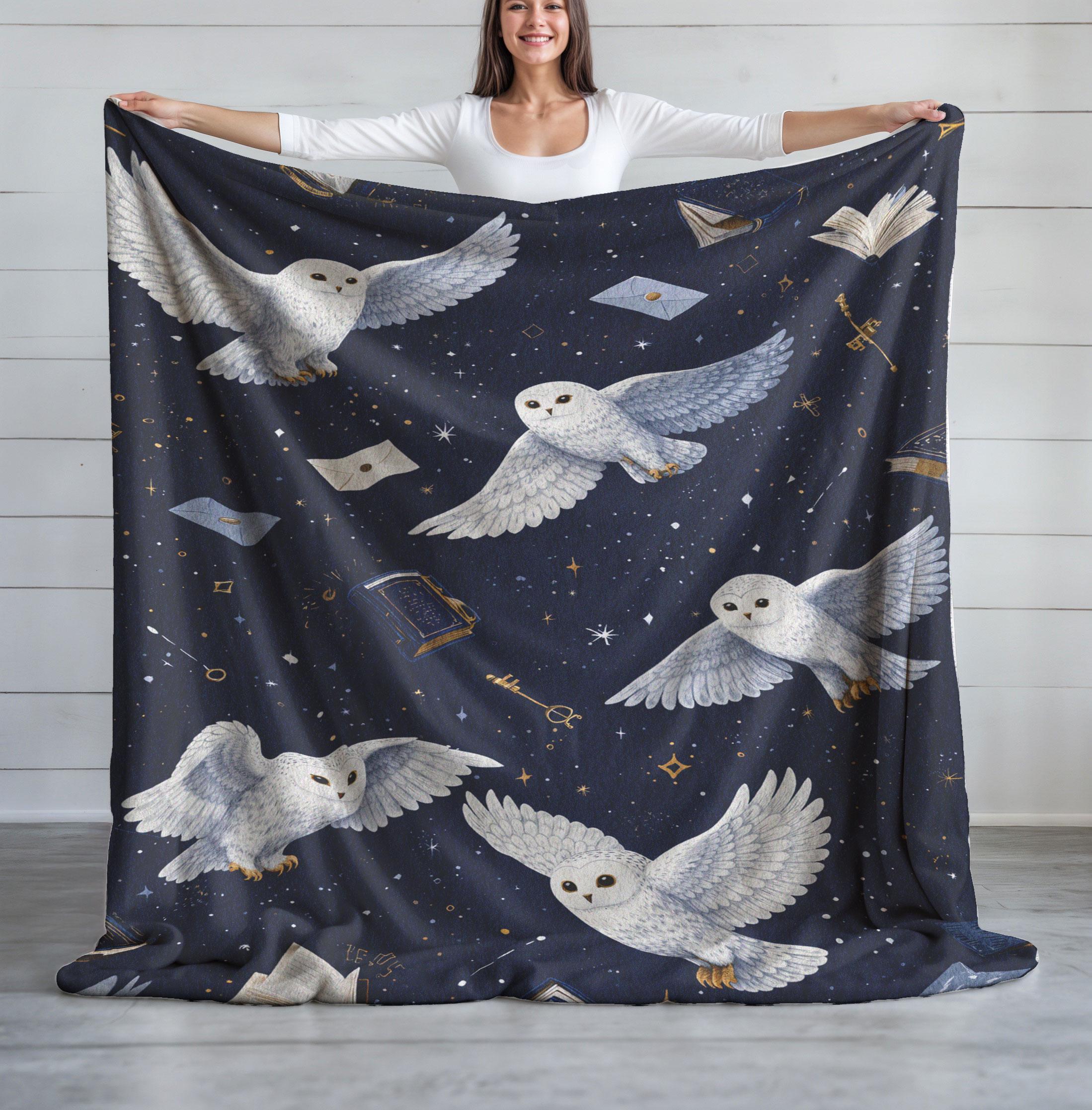 Magical Snowy Owl Sherpa Fleece Blanket, Fantasy Book Lover Minky Throw, Wizarding School Cozy Plush