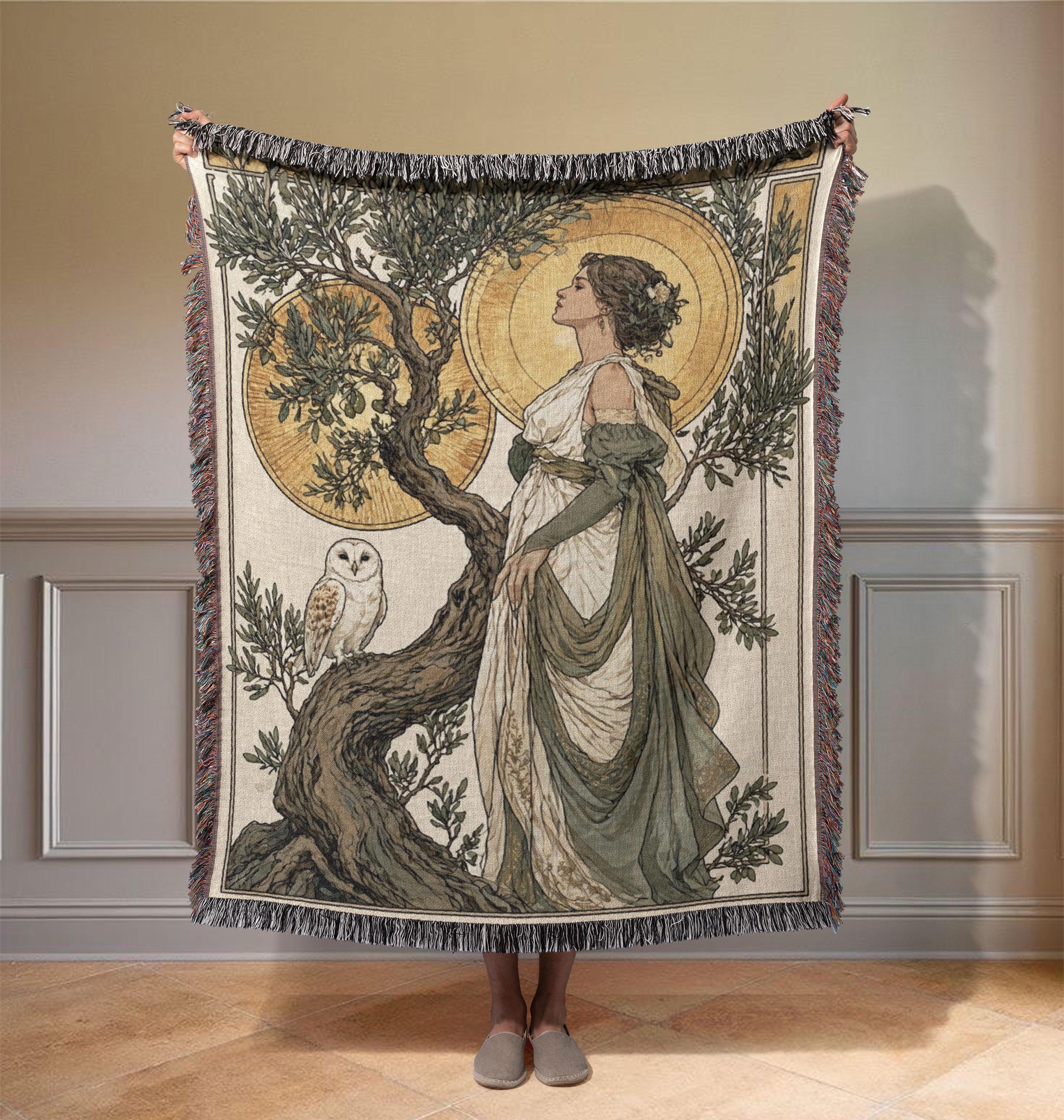Goddess Athena 100% Cotton Woven Blanket, Mythology Owl Cozy Throw, Ancient Wisdom Tapestry, Fantasy