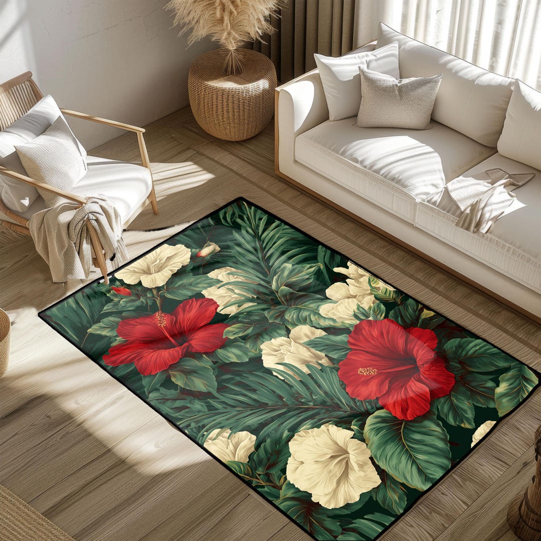 Hibiscus Rug Vibrant Tropical Hibiscus Flower Area Rug, Exotic Botanical Jungle ...