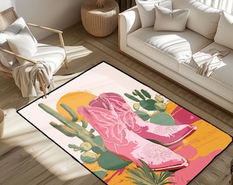 Alfombra con diseño de botas vaqueras rosas y atardecer en el desierto, alfombra con cactus de estética western, alfombra de suelo con decoración vaquera bohemia, alfombra bohemia de moda para sala de estar.