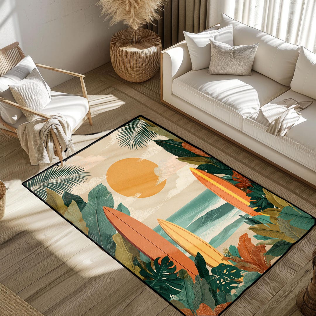 Tropical Surf Beach Rug, Coastal Living Room Mat, Summer Ocean Decor ...