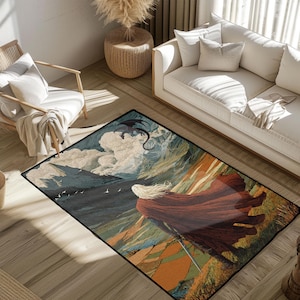 Fantasy Art Rug, Dragon And Warrior Carpet, Medieval Landscape Floor Mat, Magic Adventure Decor, Gamer Room Gift, Mythical Creature Rug