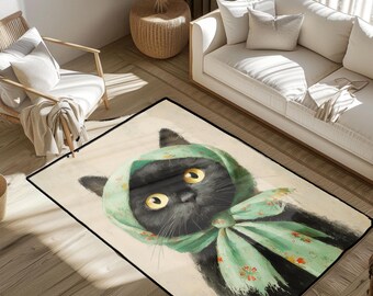Adorable carpette avec foulard chat, tapis de sol fantaisiste félin, tapis déco pour les amoureux des chats, carpette pour les amateurs d'animaux de compagnie