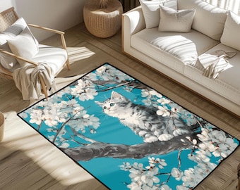 Alfombra con un gatito adorable en una rama de cerezo, ideal como regalo para una mamá gata, alfombra de arte japonés para amantes de las mascotas, ideal como regalo de inauguración de la casa para amantes de la naturaleza.
