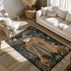May include: A rectangular area rug featuring a whimsical illustration of a frog dressed as a wizard, complete with a hat and flowing robes. The rug has a dark background with floral and botanical accents in shades of orange and green.