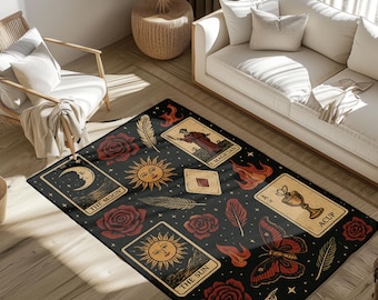 Sun And Moon Celestial Divination Rug, Witchy Reader Gift Area Rug, Spiritual Altar Gothic Floor Mat, Mystical Home Decor