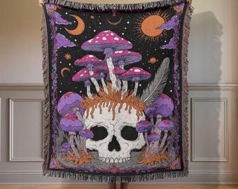 Manta tejida con calavera de hongos psicodélicos, manta cósmica mística con hongos mágicos, idea de regalo de manta de calavera espeluznante, tapiz de Halloween
