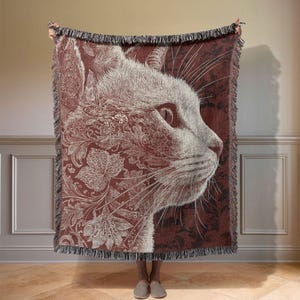 Elegante manta tejida con diseño de gato, manta vintage con retrato botánico de gato, tapiz artístico con diseño felino, decoración para el hogar para amantes de los gatos, regalo para el Día de la Madre.