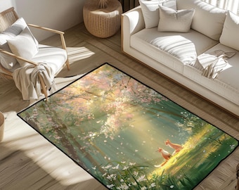 Alfombra "Pareja de zorros en un bosque mágico", alfombra con animales del bosque, alfombra para amantes de la naturaleza con estilo cottagecore, alfombra para regalar en bodas.