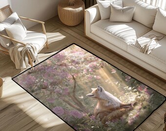 Alfombra caprichosa de zorro en el bosque, alfombra floral rosa estilo cottagecore, regalo para amantes de la naturaleza, alfombra decorativa de animales del bosque para habitación infantil.
