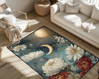 Celestial Floral Rug, Gift For Spiritual Person Area Rug, Witchy Sun And Moon Decor Rug, Boho Astrology Hobbyist Floor Mat For Her Room