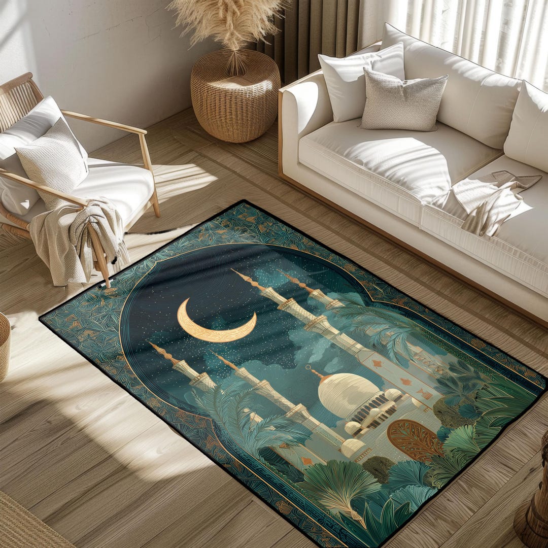 Islamic Rug Wall Islamic Art Area Rug With Mosque and Crescent Moon, Muslim Spiritual ...