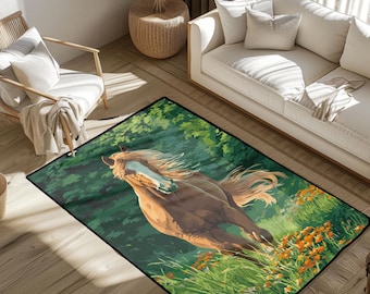 Könnte beinhalten: Rechteckiger Teppich mit einer Illustration eines galoppierenden Pferdes. Das braune Pferd hat ein weißes Gesicht, vor einem grünen Hintergrund mit orangefarbenen Blumen. Der Teppich hat einen schwarzen Rand und liegt auf einem Holzboden.