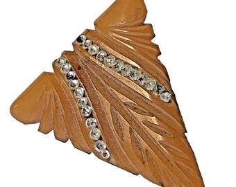 Vintage gesneden bakelieten jurkclip amber butterscotch met strassteentjes Art Deco
