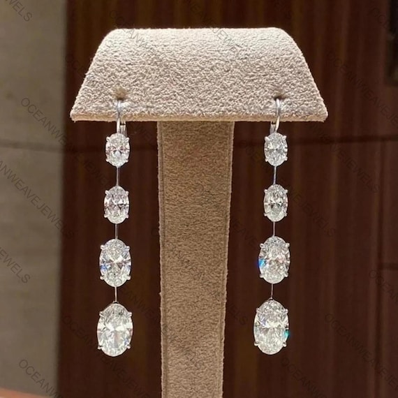 12 TCW Oval Cut Moissanite Diamond Wedding Earrings, 10K White Gold Earrings, Party Wear Dangle Drop Earrings, Long Earrings Gift For Wife