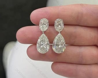 925 Silver Screw Back Earrings, 15.82 TCW Oval & Pear Cut Moissanite Diamond Wedding Earrings, Dangle Drop Earrings, Anniversary Gift