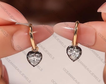 Huggie Hoop Earrings 2 TCW Heart Moissanite Set In Georgian Style Cut Down Setting Blackened White Gold & Yellow Gold Georgian Look Earring