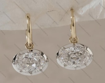 Moissanite Huggie Earrings, 925 Silver Gold Finish, Oval Cut East West Drop Earring For Her, Wedding Gift Earrings, Anniversary Gifts