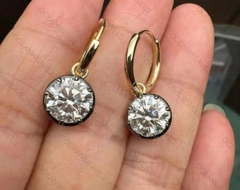 Gypset Hoop Earrings 6mm Round Moissanite Set In Georgian Style Cut-Down Setting Blackened White Gold & Yellow Gold Earrings