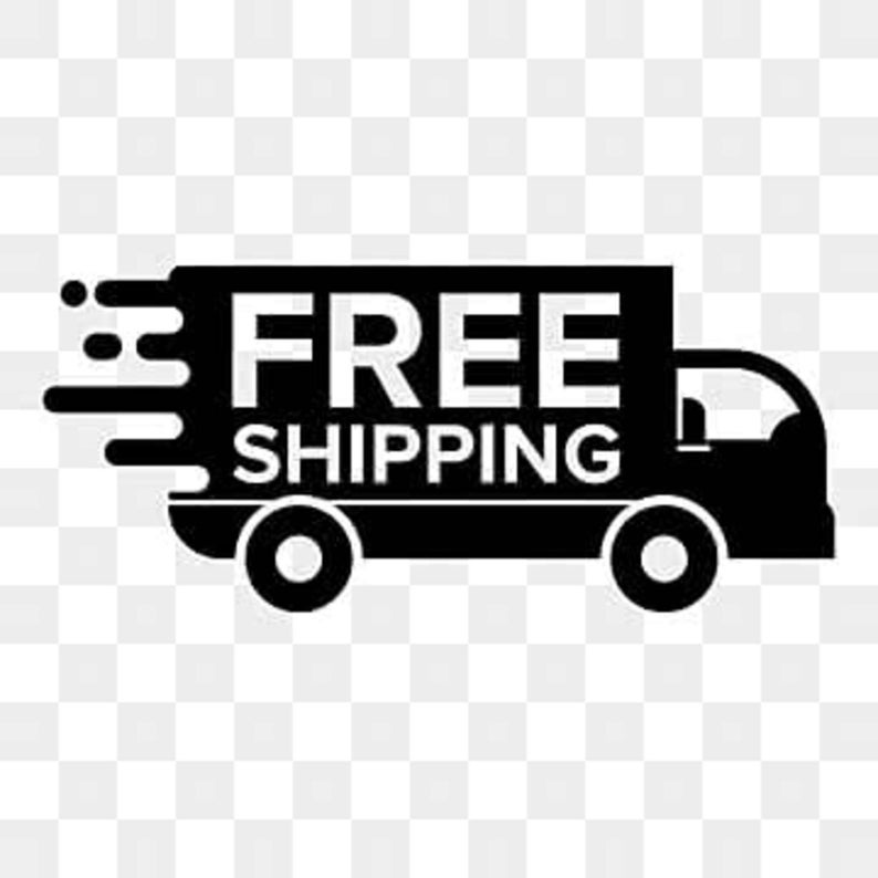 May include: Black and white graphic of a delivery truck with the words "FREE SHIPPING" in bold, capital letters. The truck is depicted in motion, with speed lines emanating from the front.