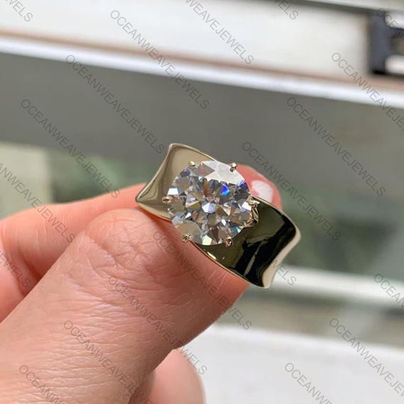 Wide Band Solitaire Ring, 9 Mm Round Cut Colorless Moissanite 