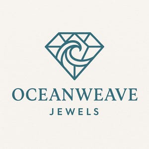 May include: A teal logo for Oceanweave Jewels. The logo features a diamond shape with a wave design inside. Below the diamond, the text "OCEANWEAVE" is displayed above "JEWELS" in a teal color, all on a cream background.
