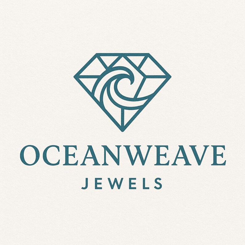 May include: A teal logo for Oceanweave Jewels. The logo features a diamond shape with a wave design inside. Below the diamond, the text "OCEANWEAVE" is displayed above "JEWELS" in a teal color, all on a cream background.