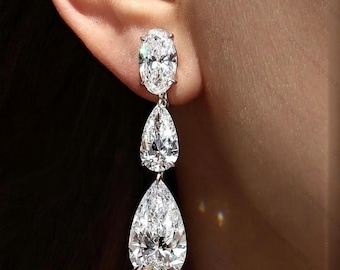 14 TCW Oval & Pear Cut Moissanite Diamond Bridal Earrings, Drop Earrings In 925 Silver Earrings, Three Stone Party Wear Earrings, Gift