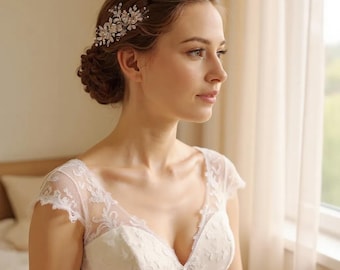 Handmade Bridal Comb with Metallic Flowers, Rose Gold or Silver Bridal Comb, Rose Gold Wedding Accessory, Pink Hair Comb